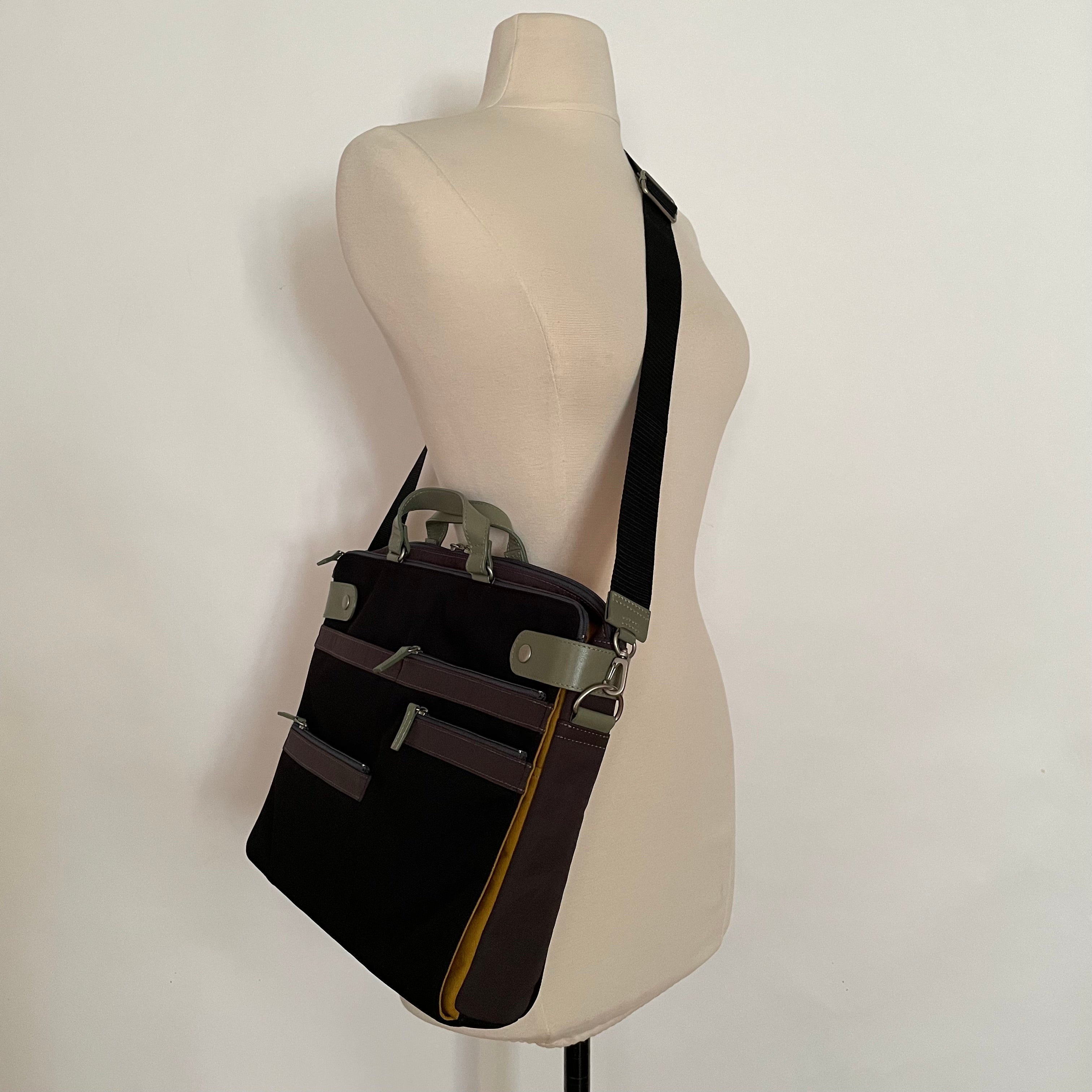 Premium Collection | Nylon x Leather Briefcase with Stripe Stitch Accents | Black x Sage